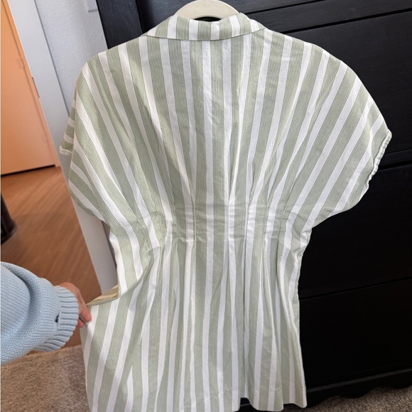 Striped Cinched Waist Green Mini Collared Dress - Picture 2 of 3